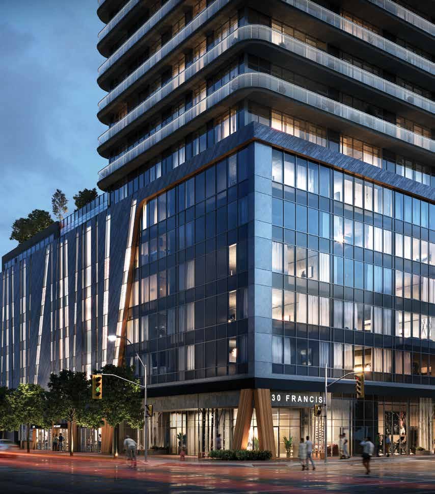 Street-level view of the TEK Tower entrance at 30 Francis Street in the evening