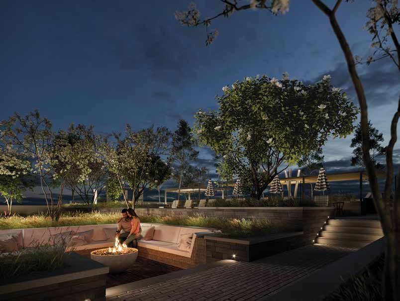TEK Tower rooftop terrace with fire pit and lounge seating at dusk