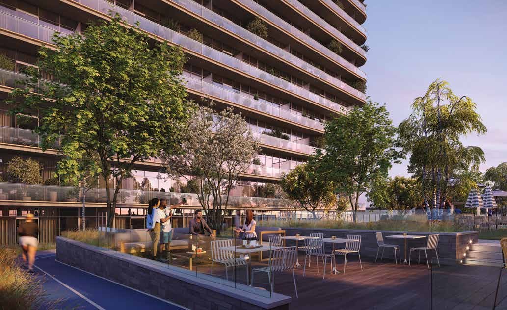 TEK Tower 6th-floor terrace with outdoor dining, trees and the running track